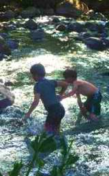 Boys playing in clear stream while picnicing in Volare's ATV tour