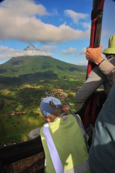 Volare balloon approaches Arenal volcano in Costa Rica