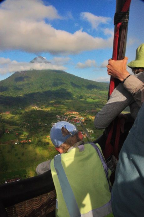 Volare balloon approaches Arenal volcano in Costa Rica